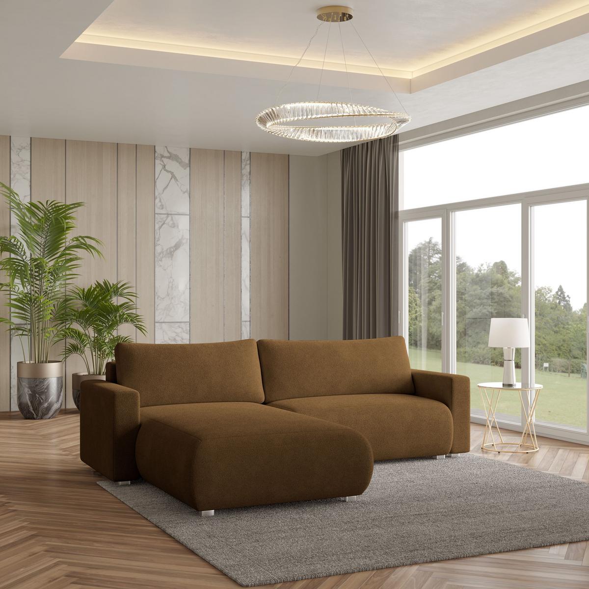 ECKSOFA TURIN N Braun Bucle-Stoff mit Schlaffunktion - Braun/Grau, Holz/Kunststoff (265/183cm) - MASSENO