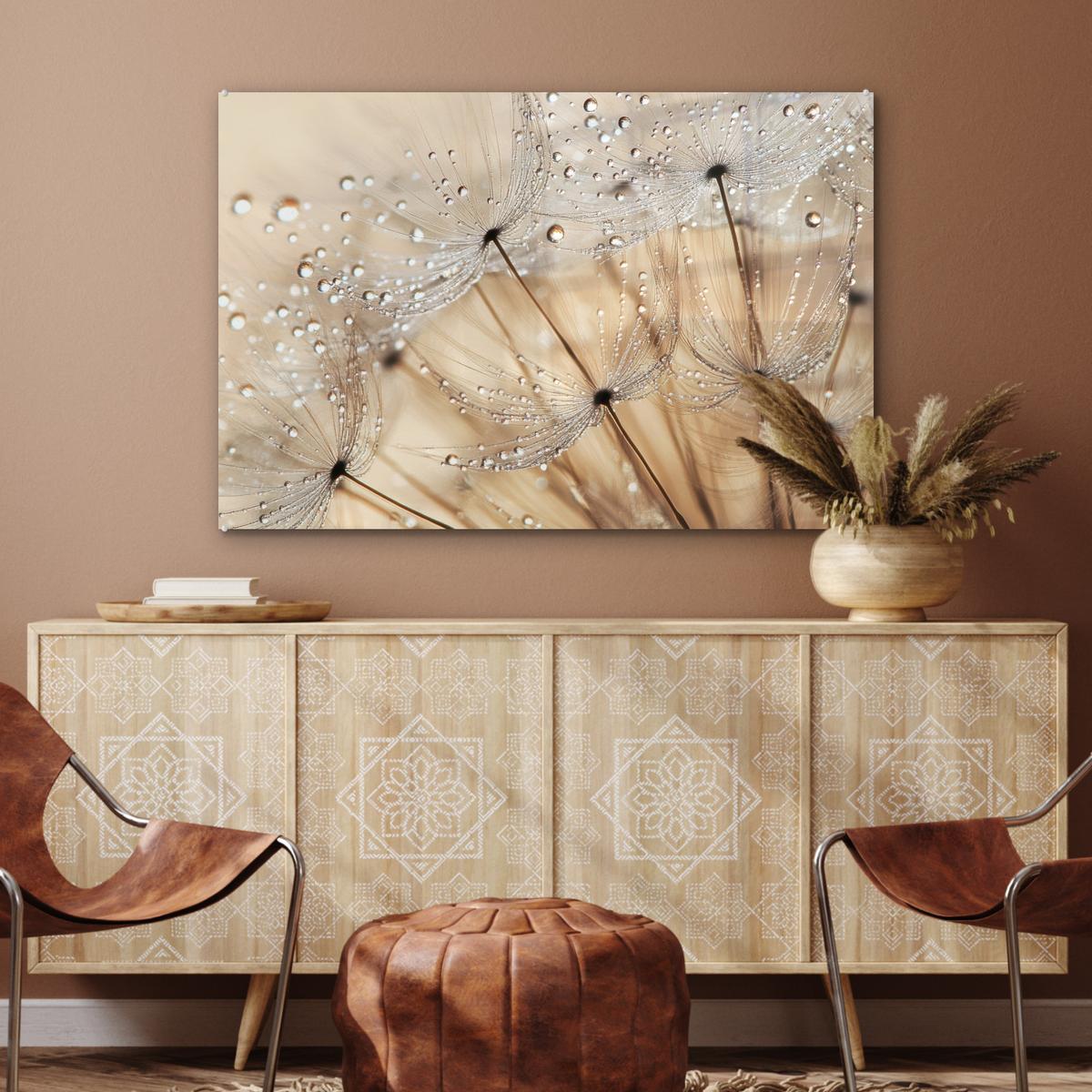 ACRYLGLASBILD Löwenzahn - Abstrakt - Natur - Beige Wandbild Schlafzimmer 120x80 cm - Braun, Glas (120/80cm) - MuchoWow