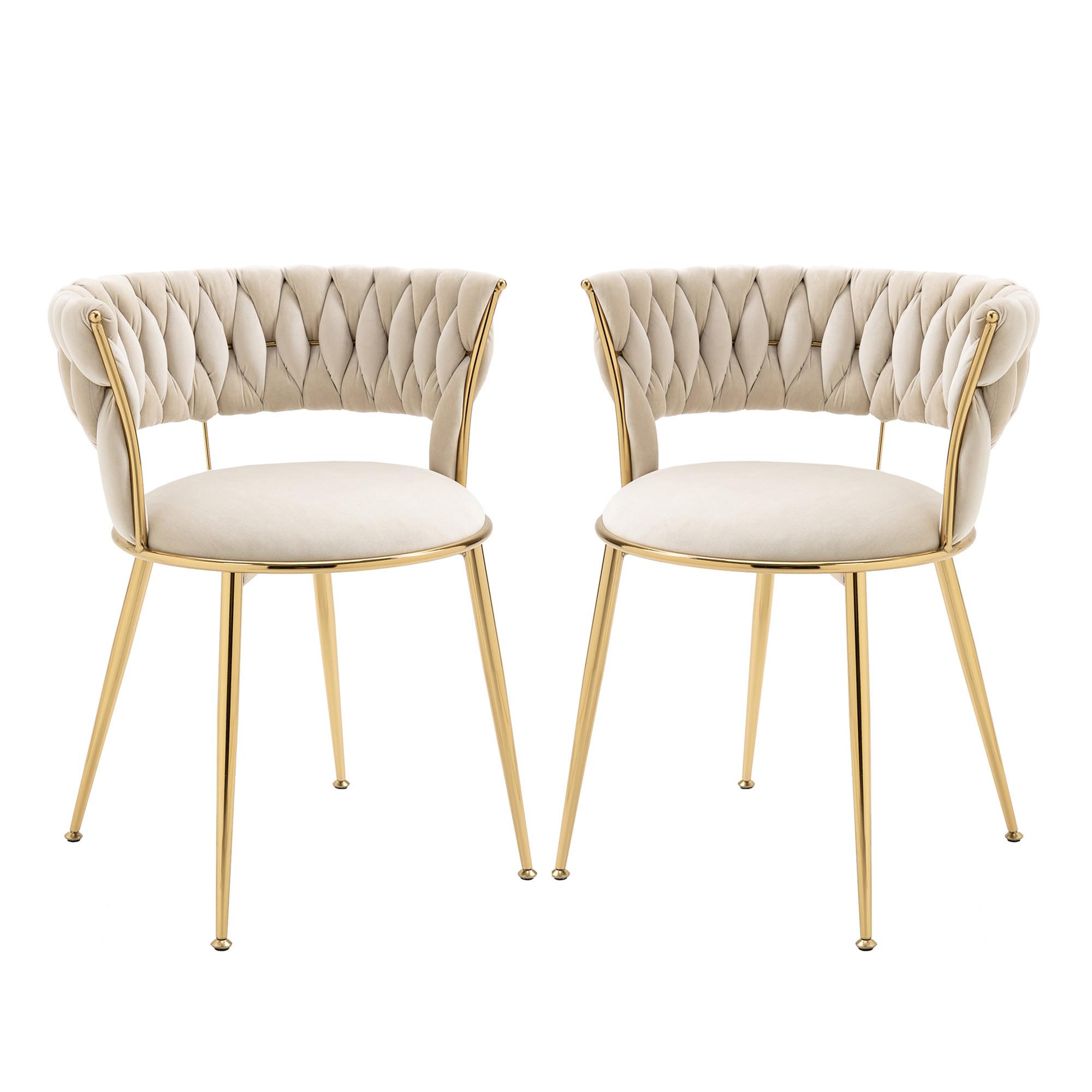 ESSZIMMERSTUHL 2er Set Samt Ivory & Gold mit geflochtener Rückenlehne - Magnolie, Textil (57/70/43cm) - Urban Meuble