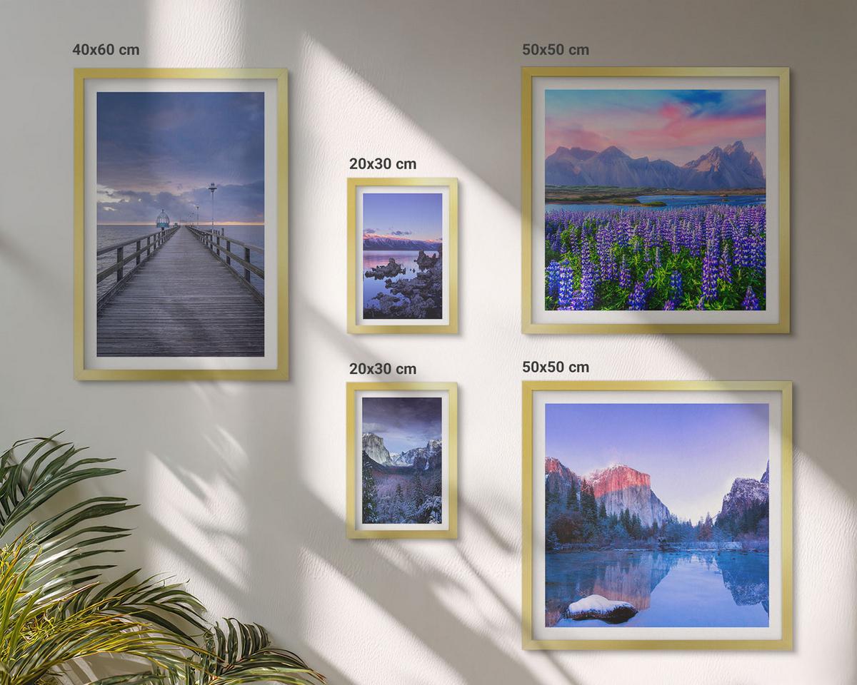 BILDER SET 5er Set - 50x50 cm & 20x30 cm & 40x60 cm Goldrahmen - Berglandschaften, Wasser, Blumenfeld - Goldfarben, Kunststoff (40/60cm) - TULUP
