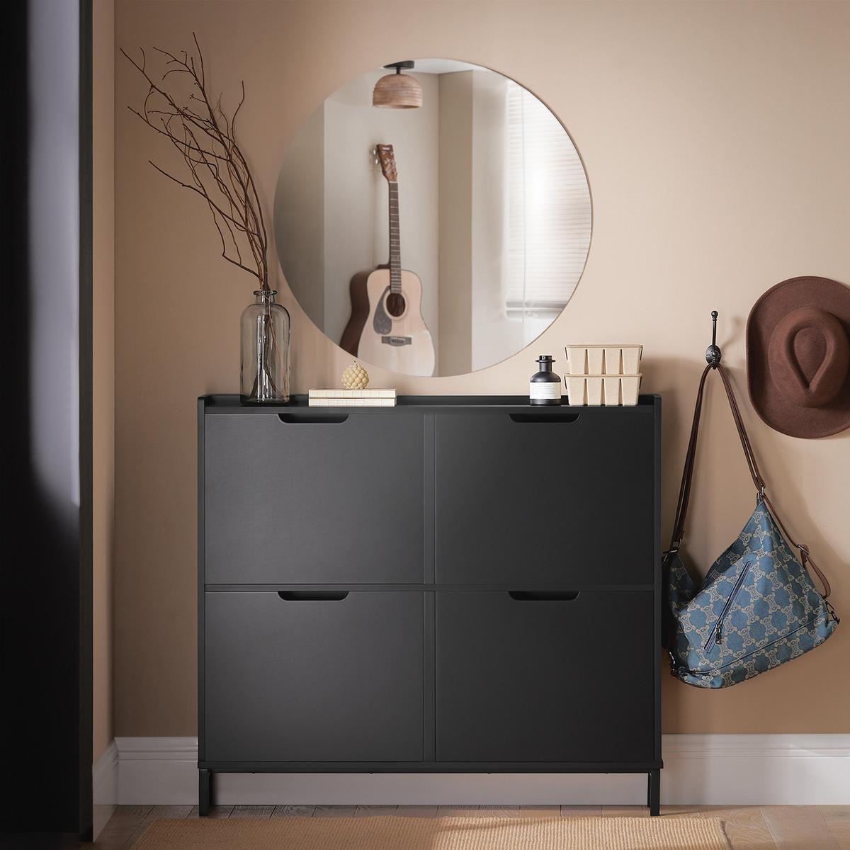 SCHUHSCHRANK schmal, nur 19 cm tief, schwarz, 4 Klappen, 8 Paar, bis EU 46, für Flur & hinter der Tür, 100x91x19 cm - Schwarz, Holzwerkstoff/Metall (100/91/19cm) - SoBuy