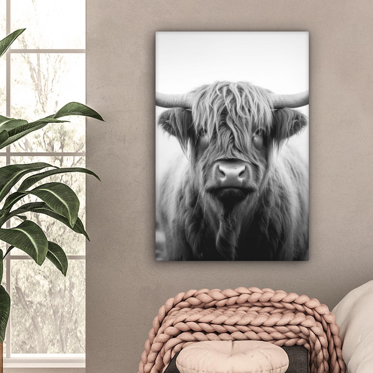 LEINWANDBILD Schottischer Highlander - Nebel - Schwarz - Weiß Wanddeko 40x60 cm - Grau, Textil (40/60cm) - MuchoWow