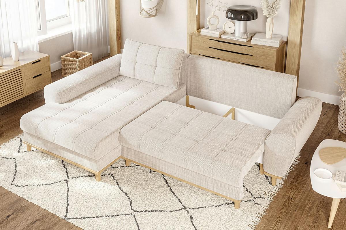 ECKSOFA im Scandi-Stil, Schlaffunktion, Bettkasten B268/T175/H86 cm, Ottomane links, Liegefl. 128x209 cm, Bouclé Chenille Stoff in Beige / 21014 - Eichefarben/Beige, Holz/Textil (268/175cm) - luma-home