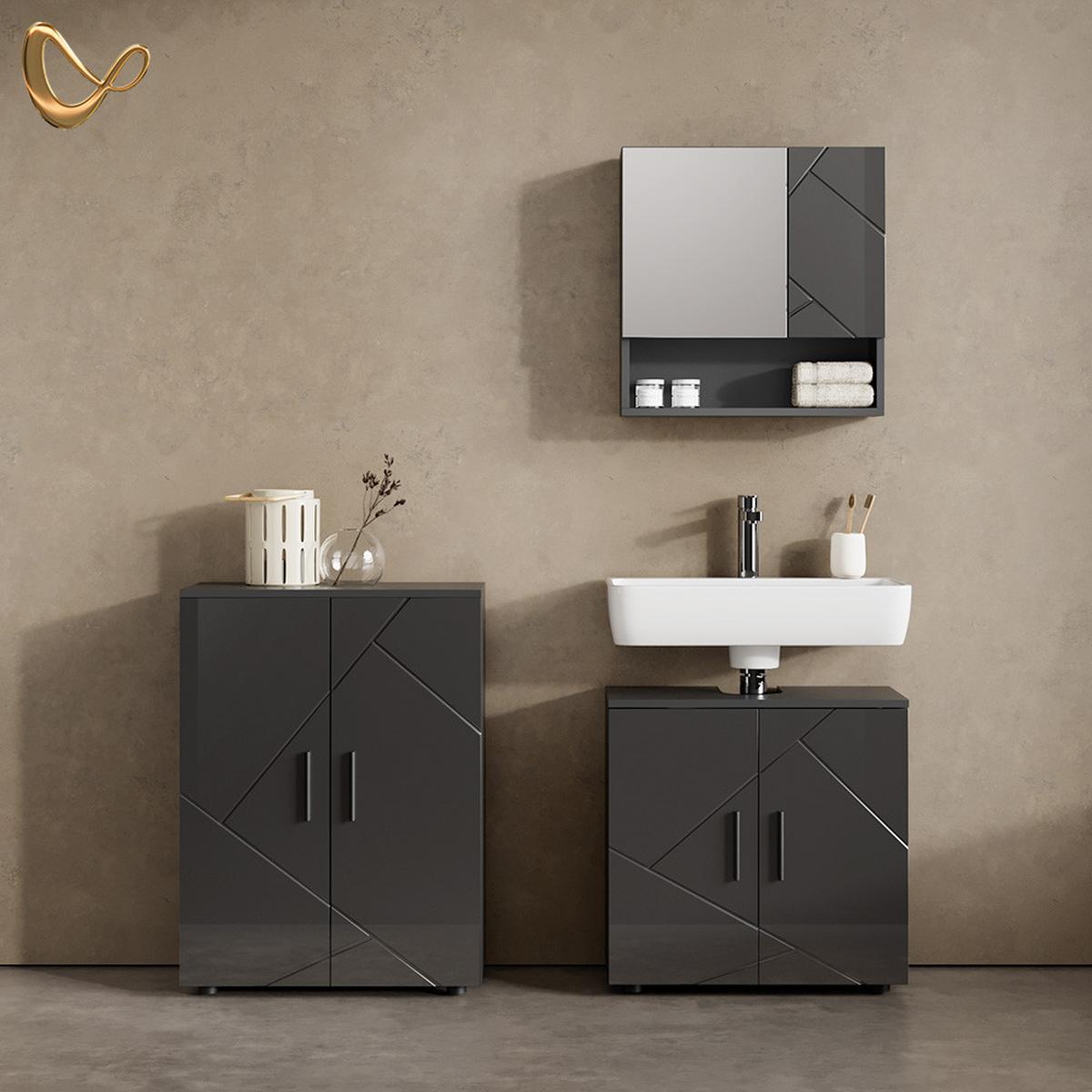 BADMÖBEL-SET Ronco Anthrazit Hochglanz 3 Teile, mit Unterschrank 60 cm - Schwarz Hochglanz, Holzwerkstoff (60/81/30cm) - Livinity®
