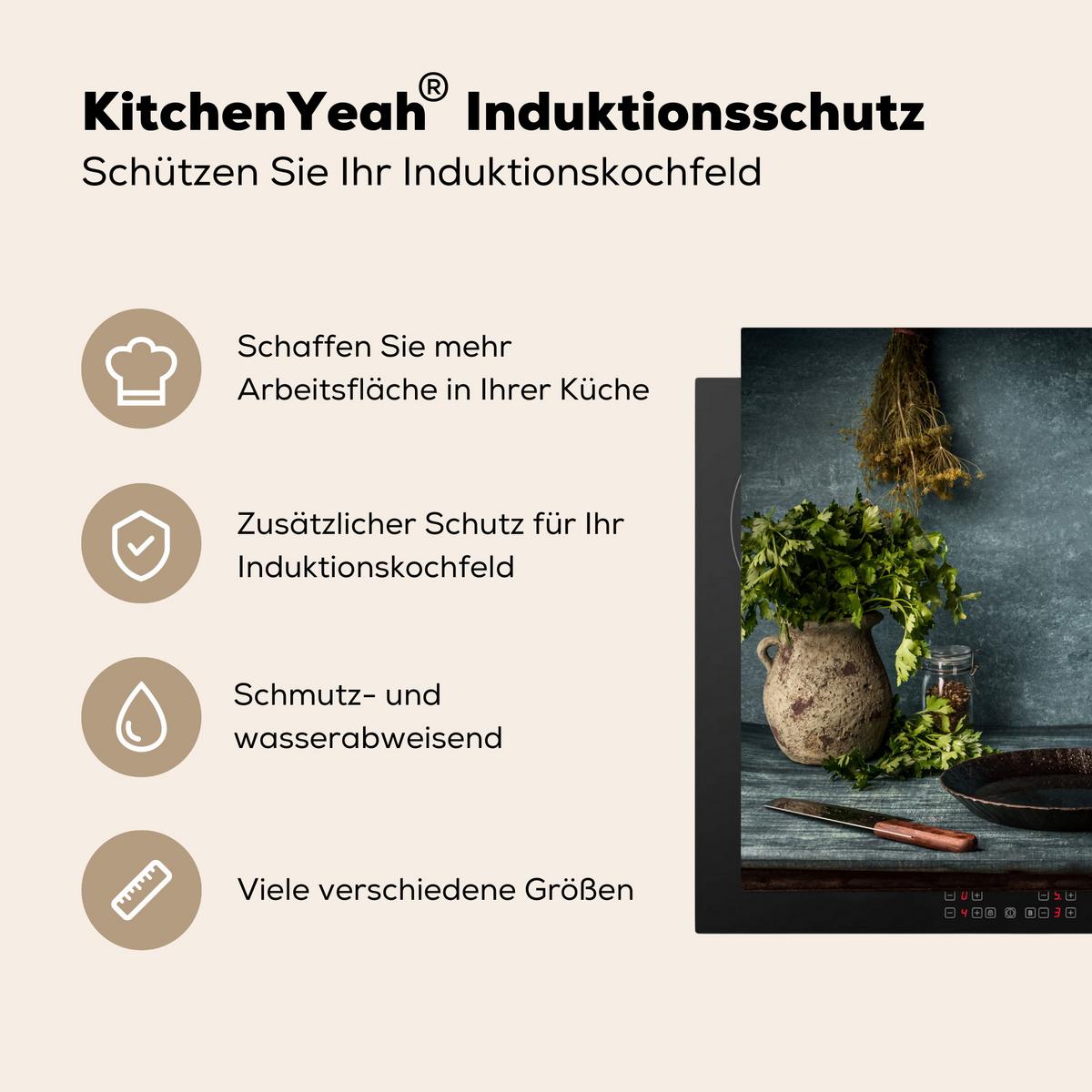 HERDABDECKPLATTE Kräuter - Gewürze - Pfanne - Messer - Grau - Rustikal Ceranfeldabdeckung 59x52 cm - Petrol, Kunststoff (59/52/0.2cm) - MuchoWow