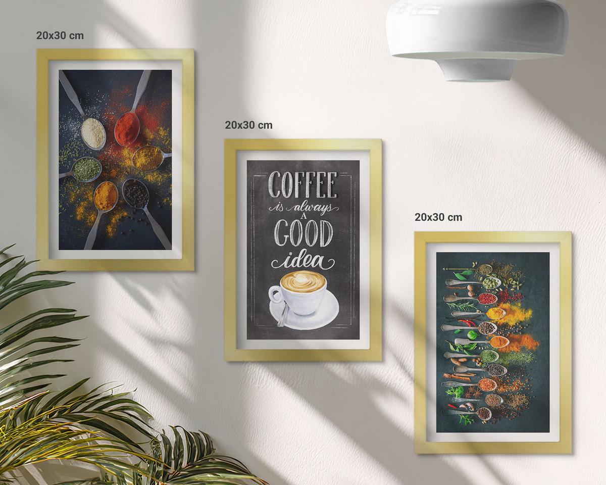BILDER SET 3er Set - 20x30 cm Goldrahmen - Gewürze, Kaffee, Kräuter, Muster - Goldfarben, Kunststoff (20/30cm) - TULUP
