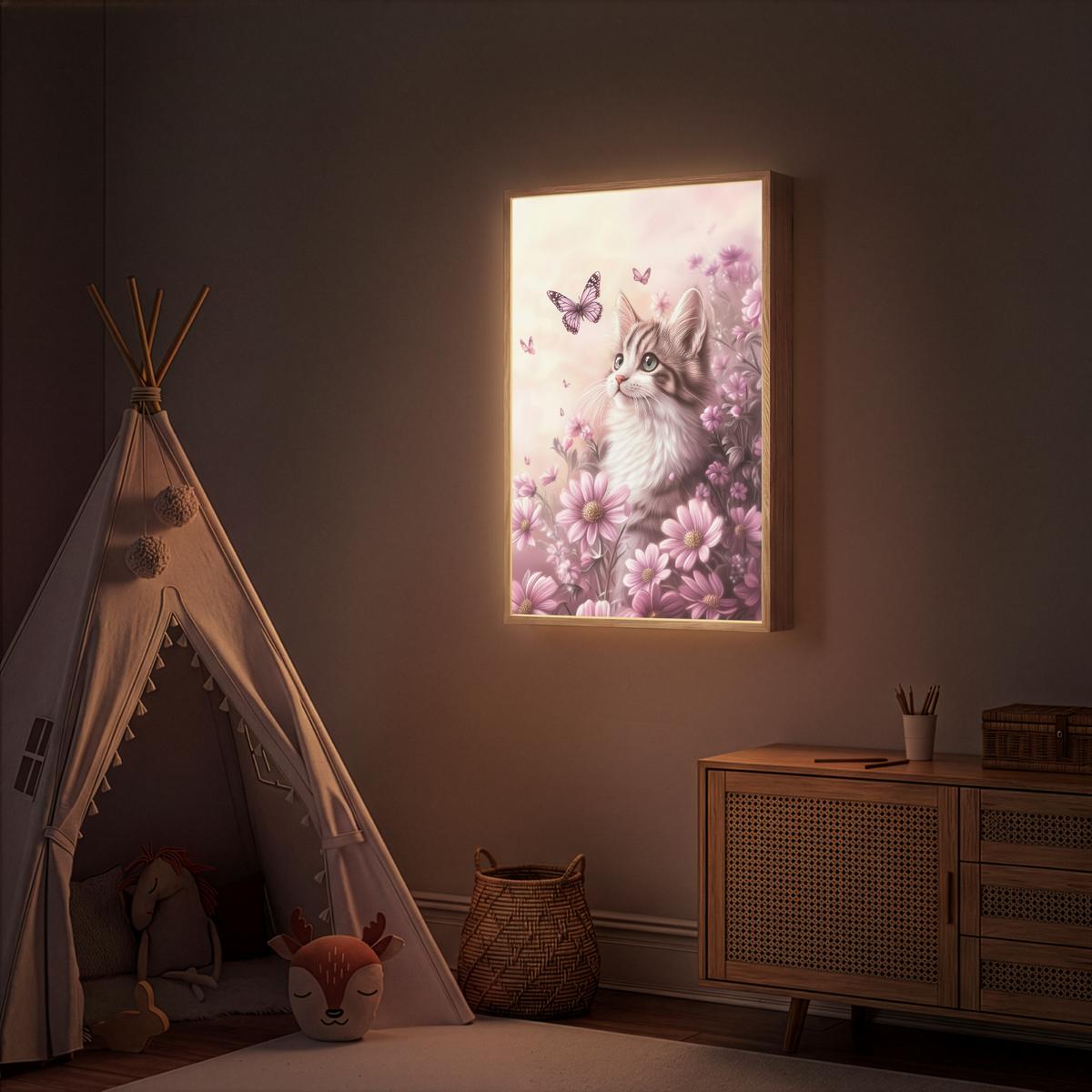WANDLEUCHTE MIT AKKU Kätzchen - Blumen - Schmetterlinge - Lila 70x100 cm - Altrosa, Holzwerkstoff (70/100/8cm) - OnlyWow