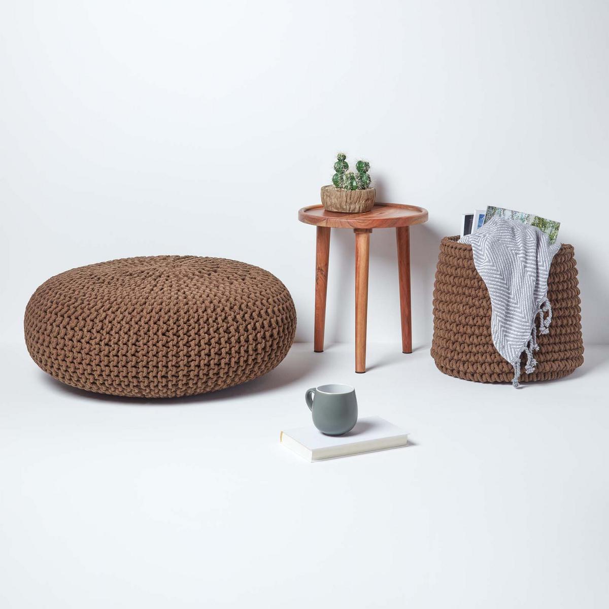 STRICK-POUF braun, Bodenkissen rund 70/70/23 cm - Braun, Textil (70/23/70cm) - Homescapes