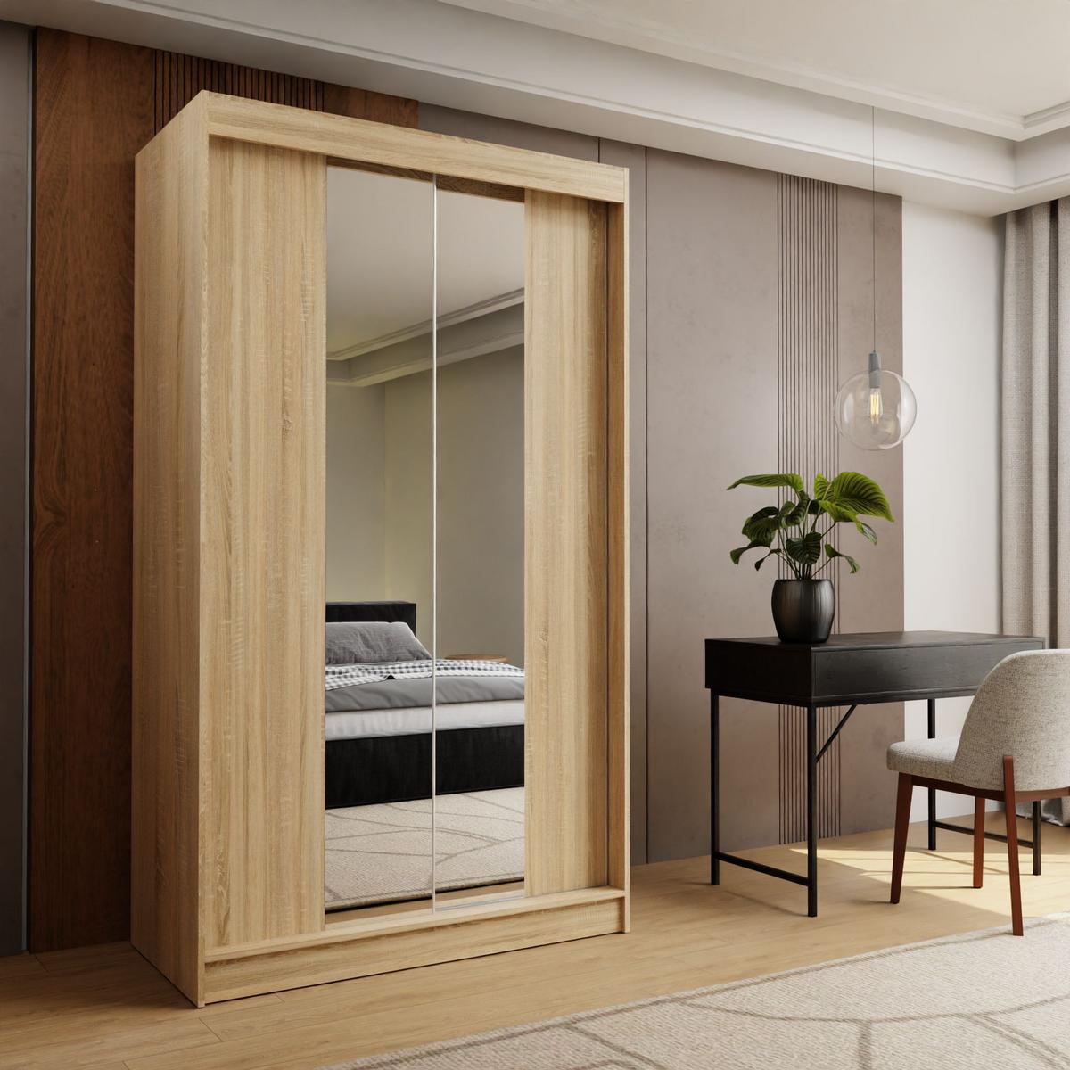 SCHWEBETÜRENSCHRANK LUCENZA 120/216/61 cm 2-türig mit Spiegel Sonoma Eiche - Sonoma Eiche, Holzwerkstoff (120/216/61cm) - MASSENO
