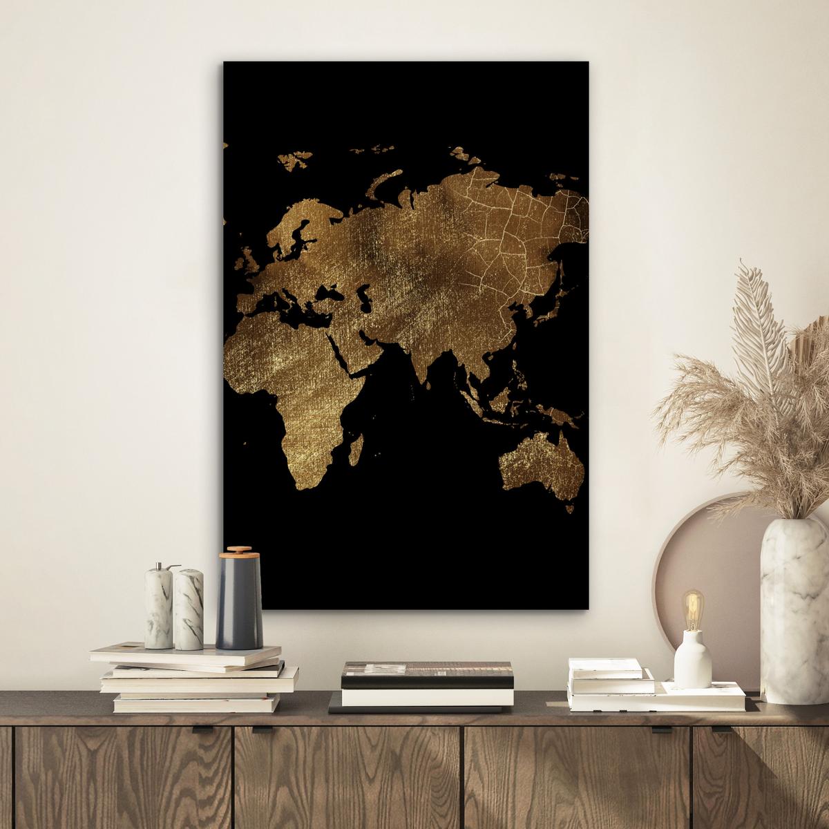 METALLBILD Weltkarte - Gold - Luxus - Erde - Schwarz Deko Schlafzimmer 40x60 cm - Goldfarben, Metall (40/60cm) - MuchoWow