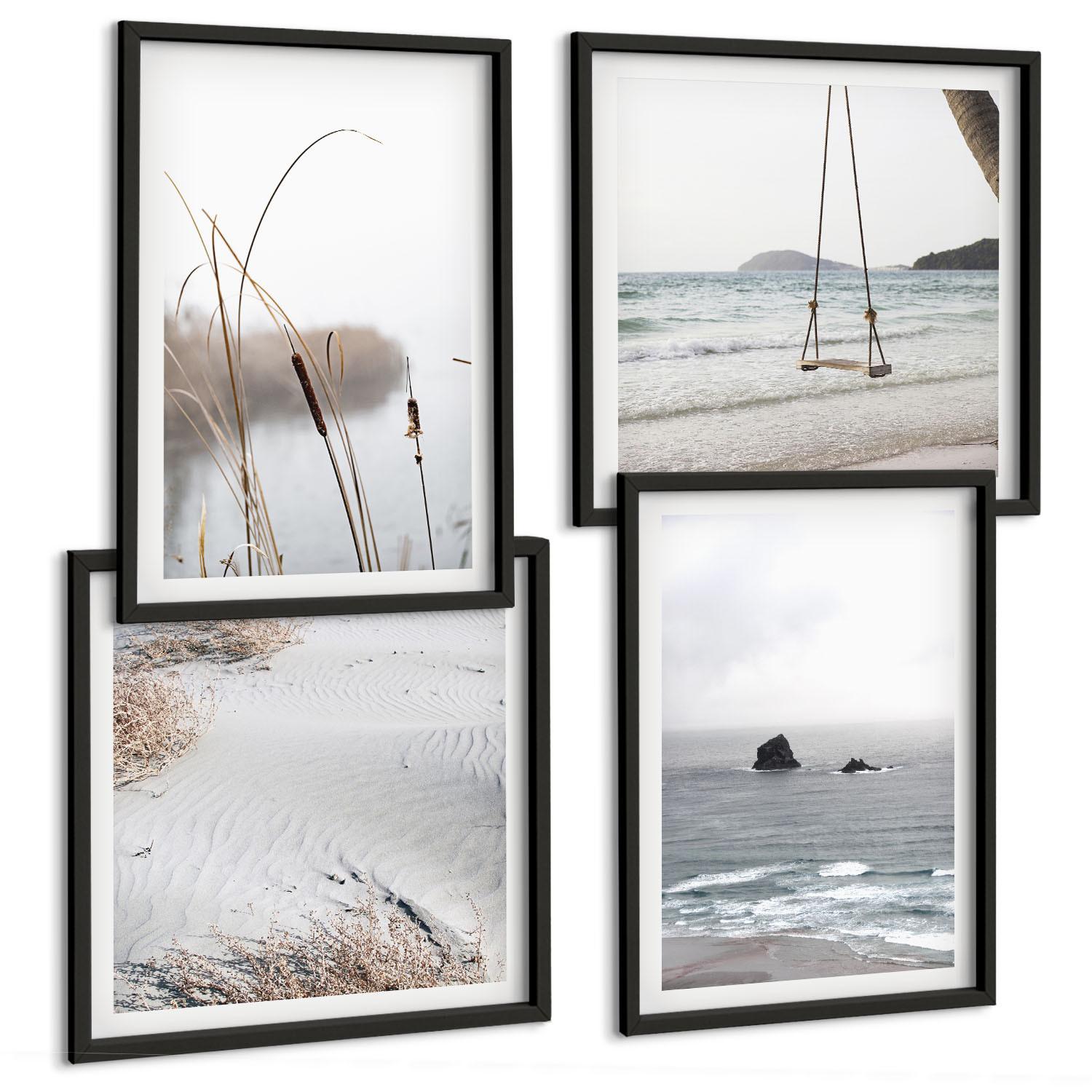 BILDER SET 4er Set - 50x50 cm & 40x60 cm Schwarzer Rahmen - Vegetation am Wasser im Sommer - Schwarz, Kunststoff (50/50cm) - TULUP