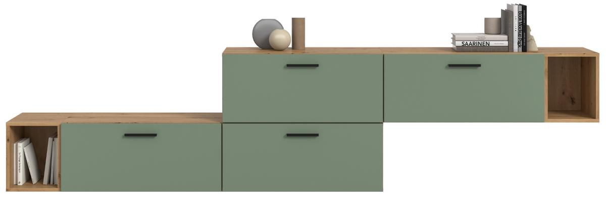 SIDEBOARD grün, Eiche Artisan 277 cm, Kommode mit Soft-Close - Schwarz/Eiche Artisan, Holzwerkstoff/Kunststoff (277/65/34cm) - Inn.Furn