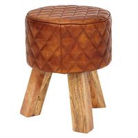 SITZHOCKER – Holz/Leder, 46 cm, Rautenmuster, Braun - Braun, Mangoholz/Leder (35/46/35cm) - KADIMA DESIGN