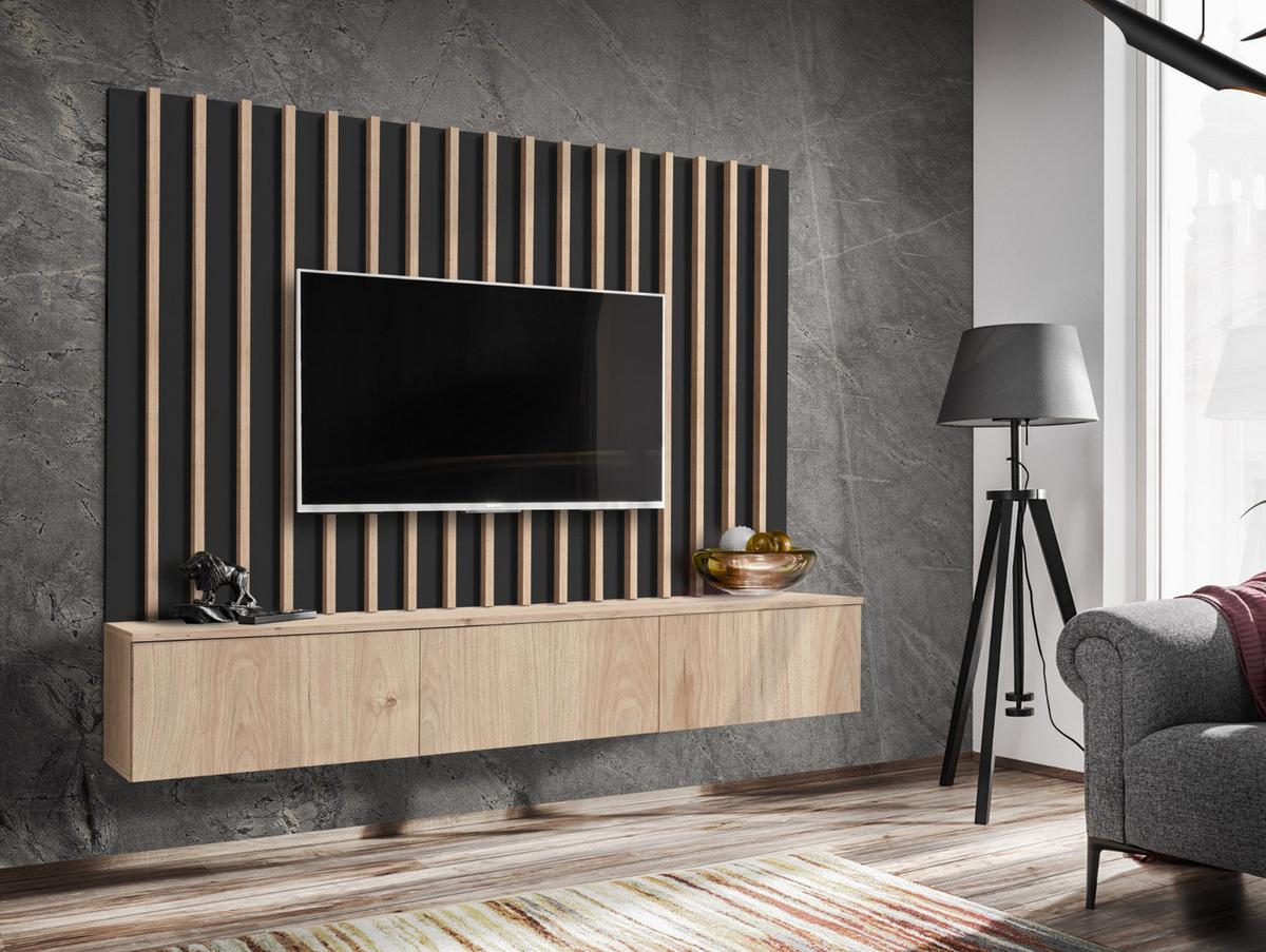 WOHNWAND Eiche Jackson, schwarz 180 cm, Schrankwand mit Push-top-Open - Eichefarben/Schwarz, Holzwerkstoff (180/180/35cm) - Furn.Design