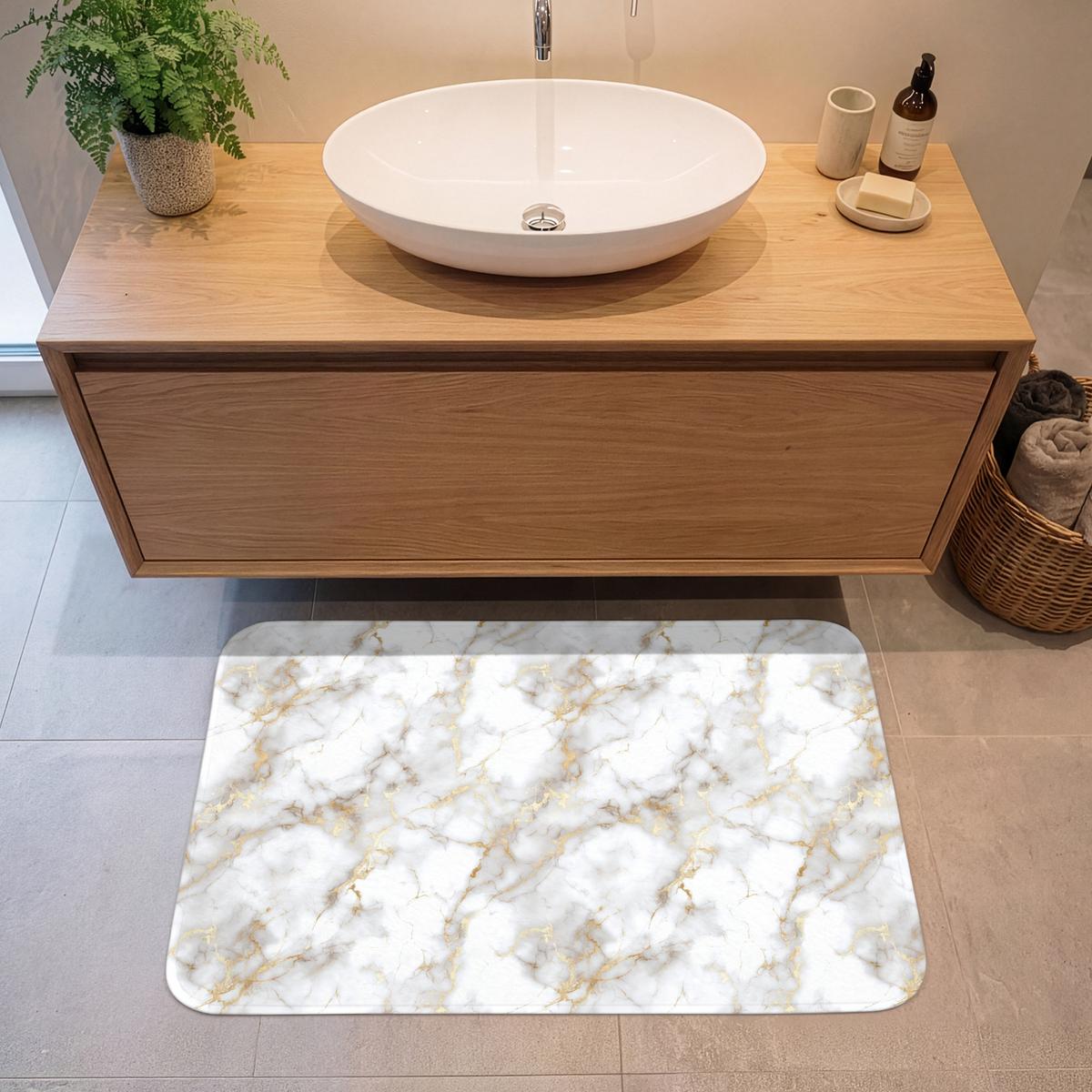 BADEMATTE Goldene Adern - Marmor - Weiß 90x60 cm - Weiß, Textil (90/60cm) - OnlyWow