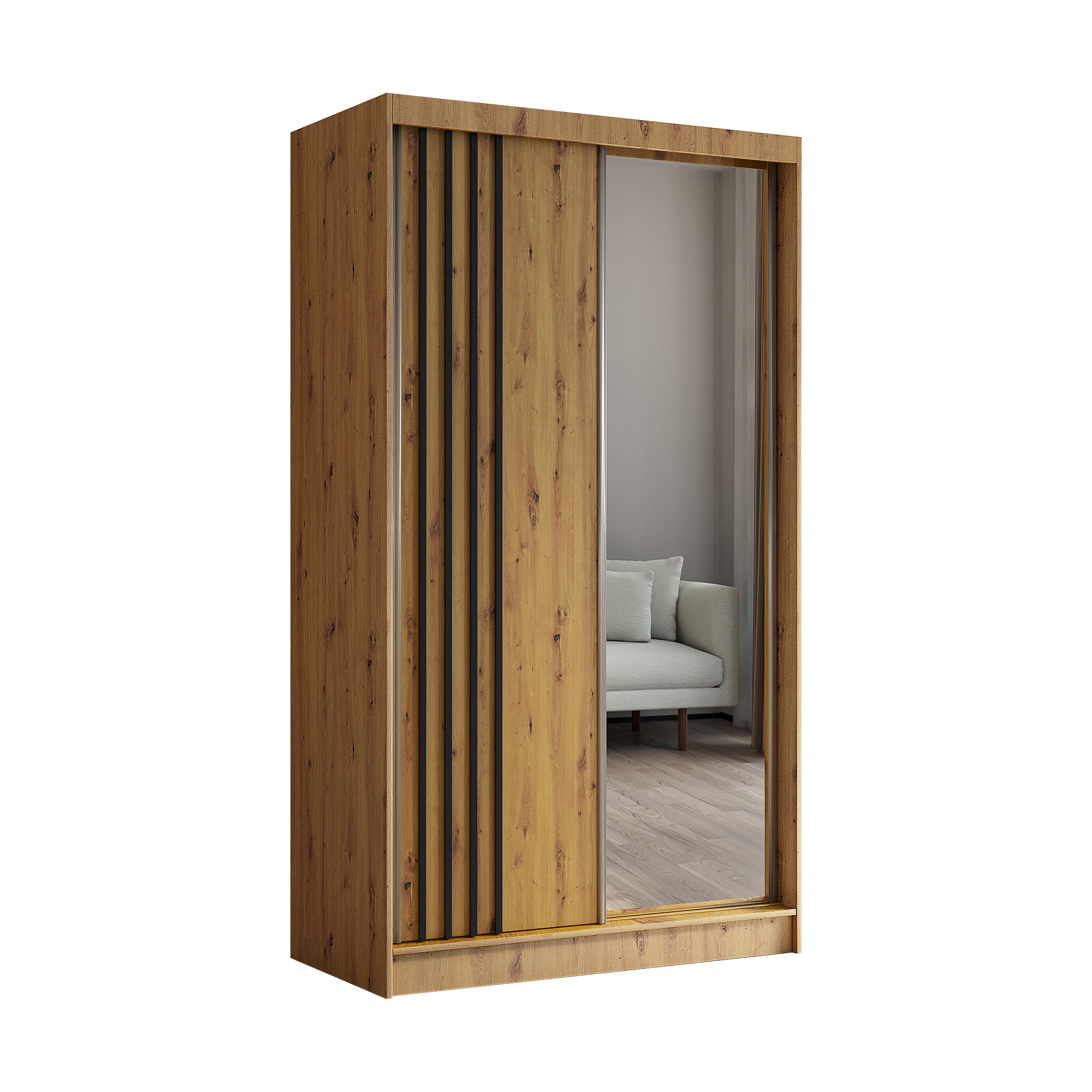 KLEIDERSCHRANK mit Spiegel-Schiebetüren und Aluminium-Leisten, LED-Beleuchtung - NALLA - 120 cm Artisan+Artisan+Schwarz - Schwarz/Eiche Artisan, Holzwerkstoff (120/216/61cm) - ALTDECOR