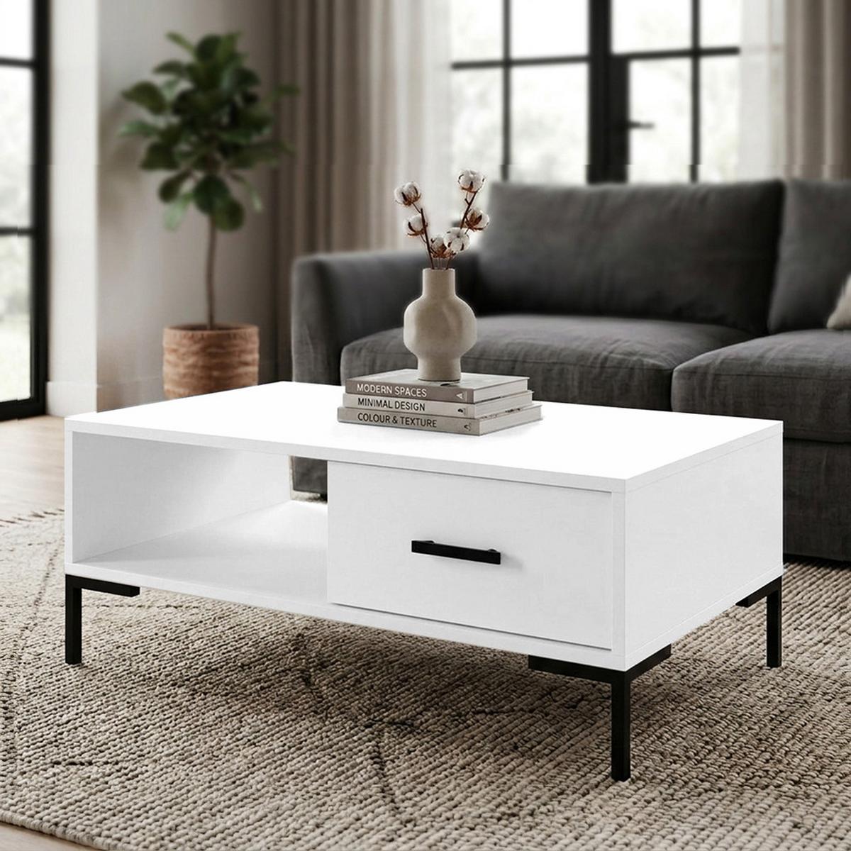 COUCHTISCH Selena mit Schublade und offenem Fach, Metallfüße, Selbstschließer, Weiß, 100x60 cm - Schwarz/Weiß, Holzwerkstoff/Metall (60/100/47cm) - Beautysofa
