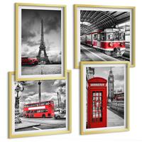 BILDER SET 4er Set - 50x50 cm & 40x60 cm Goldrahmen - Ikonische Städte London Paris Eisenbahn - Goldfarben, Kunststoff (50/50cm) - TULUP