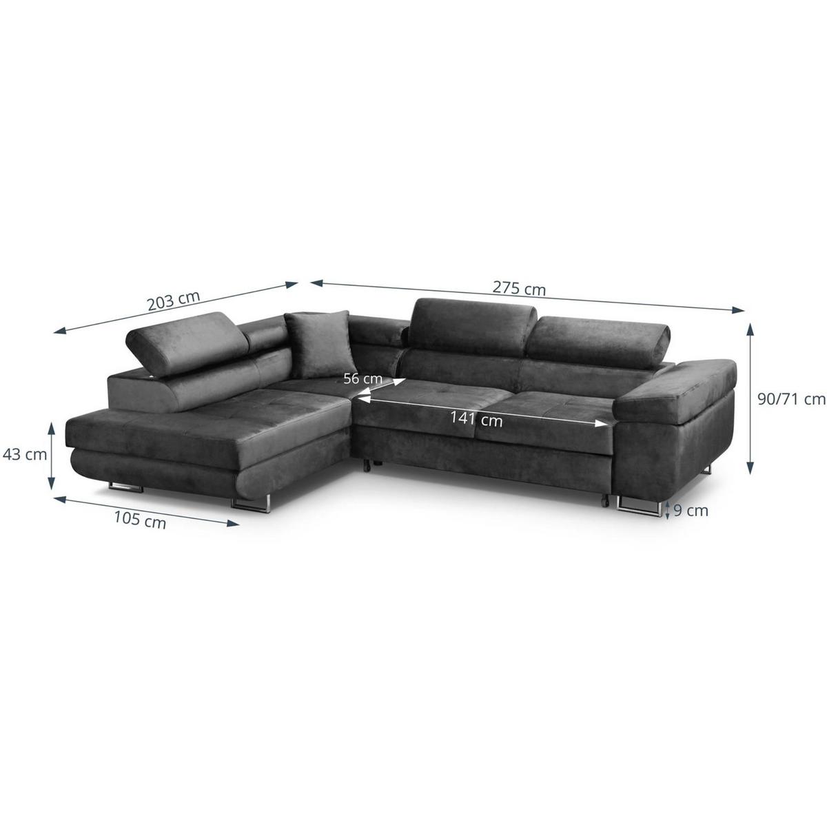 ECKSCHLAFSOFA Vild verstellbaren Kopfstützen, Grau, rechts - Chromfarben/Grau, Textil (275/203cm) - Beautysofa