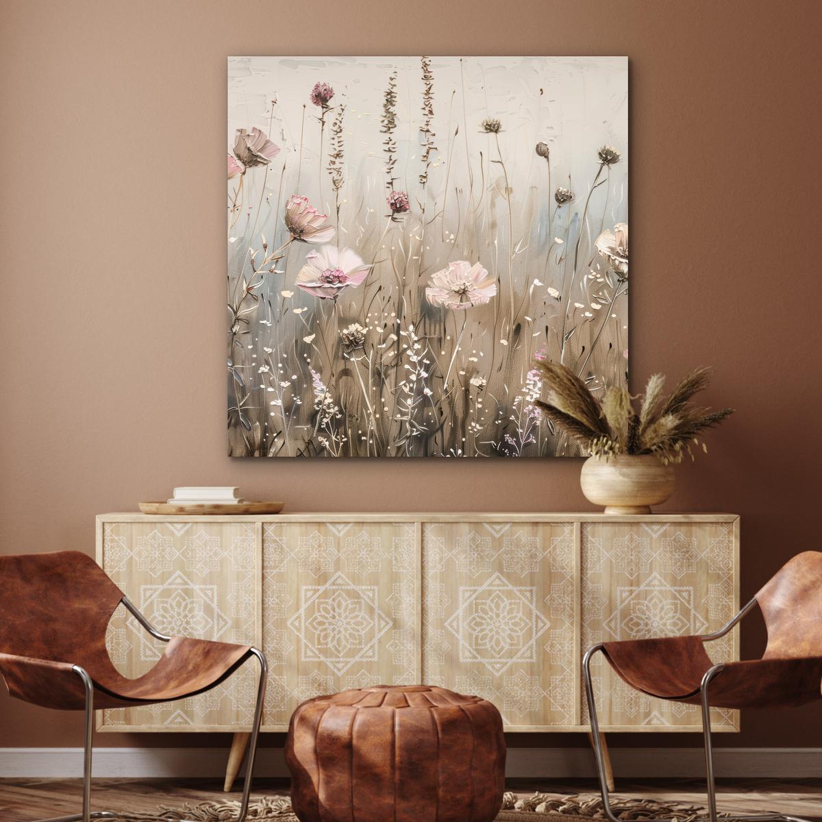 METALLBILD Blumen - Rosa - Modern - Beige 90x90 cm - Beige, Metall (90/90cm) - MuchoWow