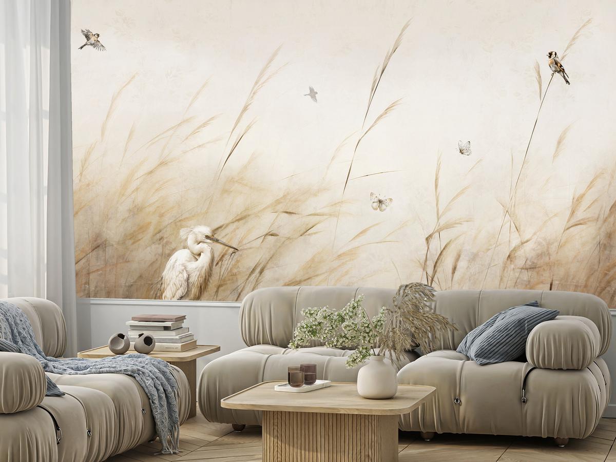 FOTOTAPETE für Schlafzimmer Vögel Storch Hohe Gräser Aquarell 500x350 - Beige/Gelb, Papier (500/350cm) - Muralo