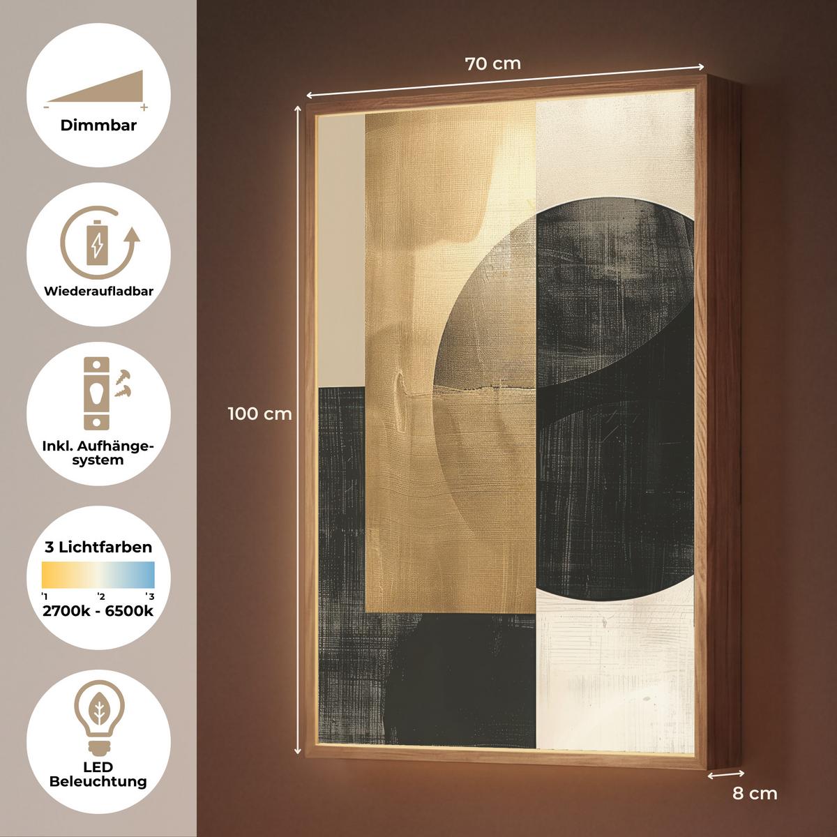 WANDLEUCHTE MIT AKKU Abstrakt - Modern - Schwarz - Gold 70x100 cm - Sandfarben, Holzwerkstoff (70/100/8cm) - OnlyWow