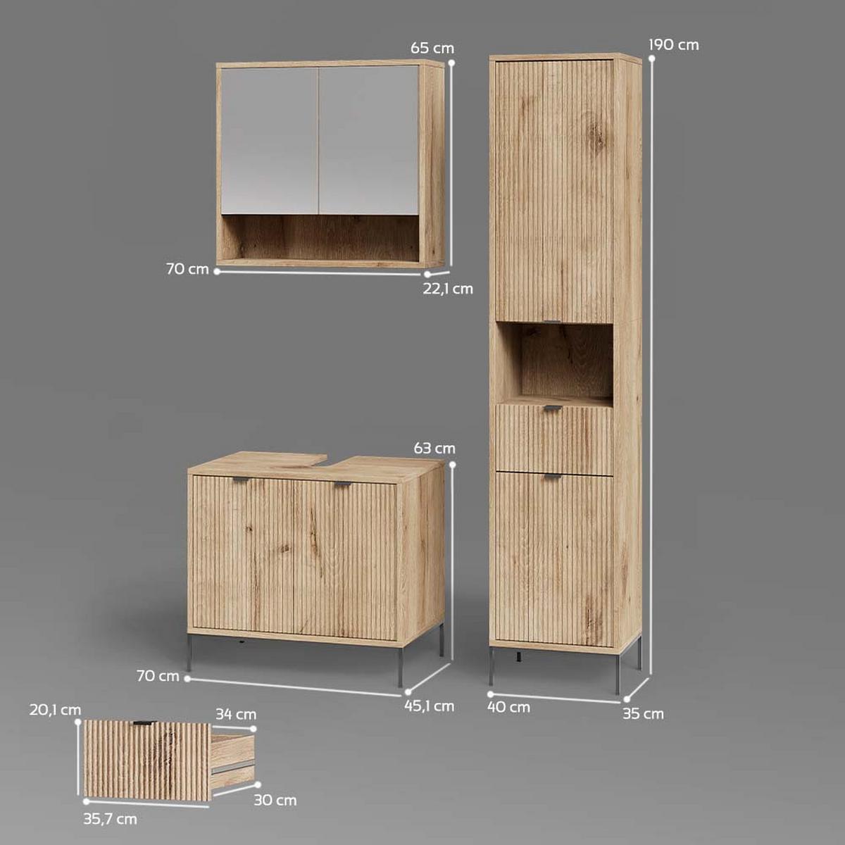 BADMÖBEL-SET ATERNO Viking Oak 3 Teile, mit Hochschrank - Eichefarben, Holzwerkstoff (70/63/45cm) - Livinity®