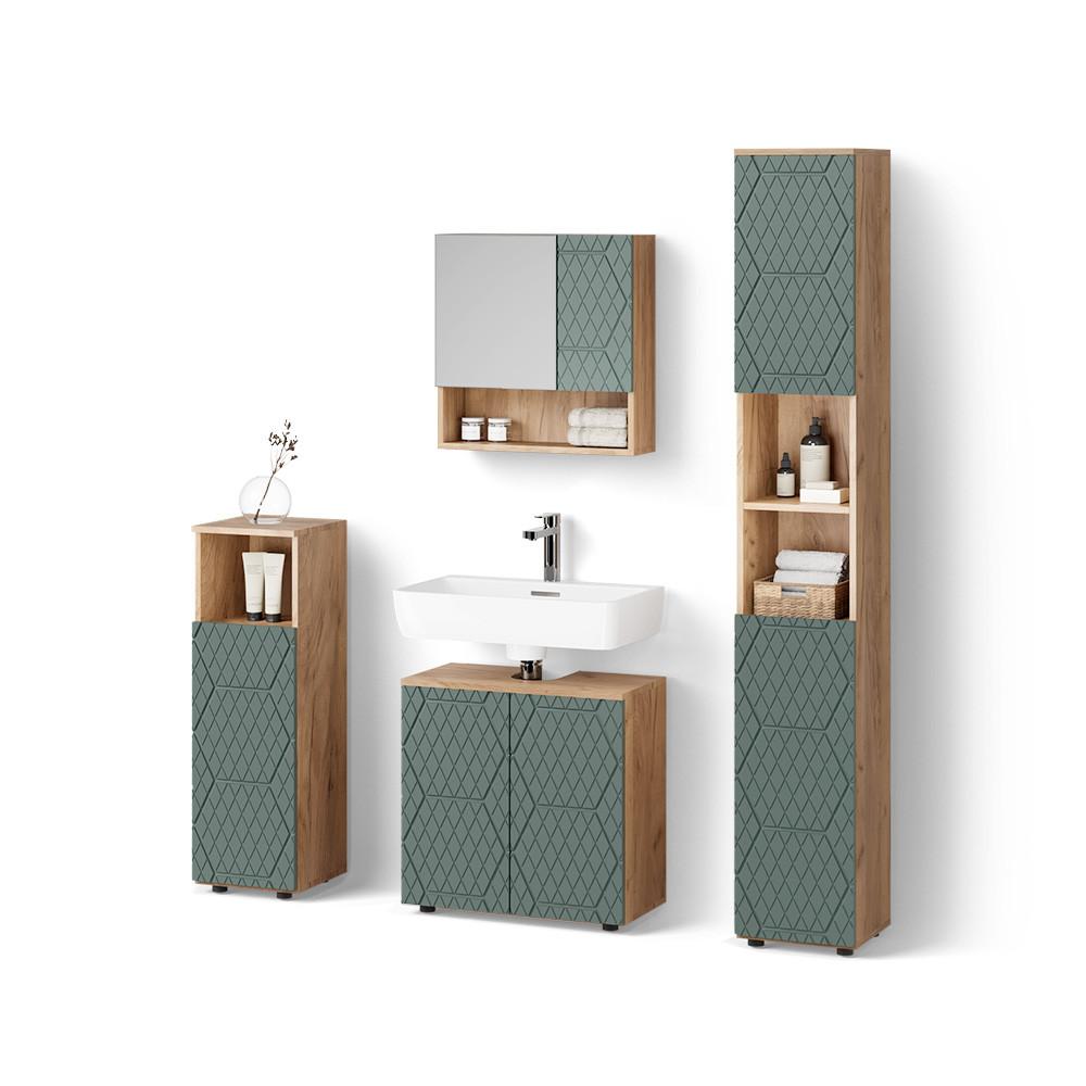BADMÖBEL-SET Ronco Grün/Goldkraft Eiche 4 Teile, mit Hochschrank - Honigeiche/Grün, Holzwerkstoff (60/59/30cm) - Livinity®