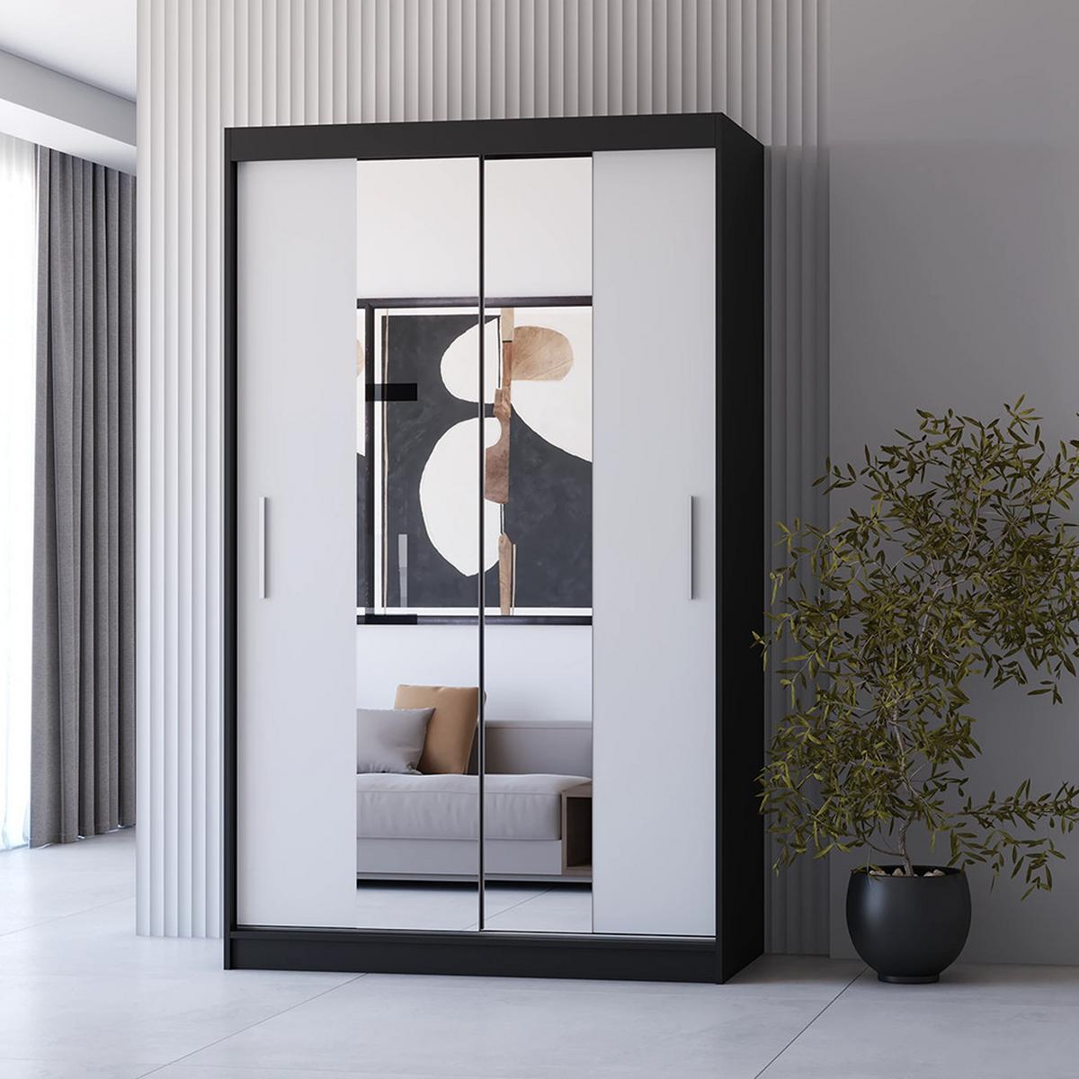 SCHWEBETÜRENSCHRANK Neomi 01 Schwarz/Weiß + Spiegel 120 cm - Alufarben/Schwarz, Holzwerkstoff/Kunststoff (120/200/61cm) - imoebel24