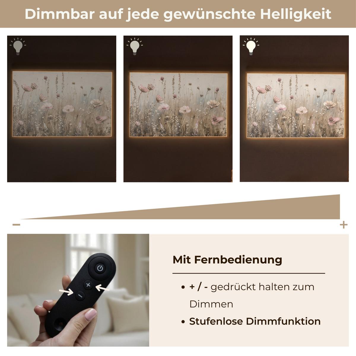 WANDLEUCHTE MIT AKKU Blumen - Rosa - Modern - Beige 100x70 cm - Altrosa, Holzwerkstoff (100/70/8cm) - OnlyWow