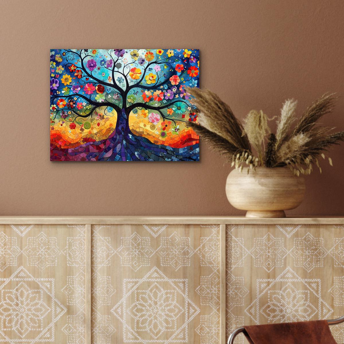METALLBILD Kunst - Baum des Lebens - Blumen - Hippie 40x30 cm - Dunkelblau, Metall (40/30cm) - MuchoWow