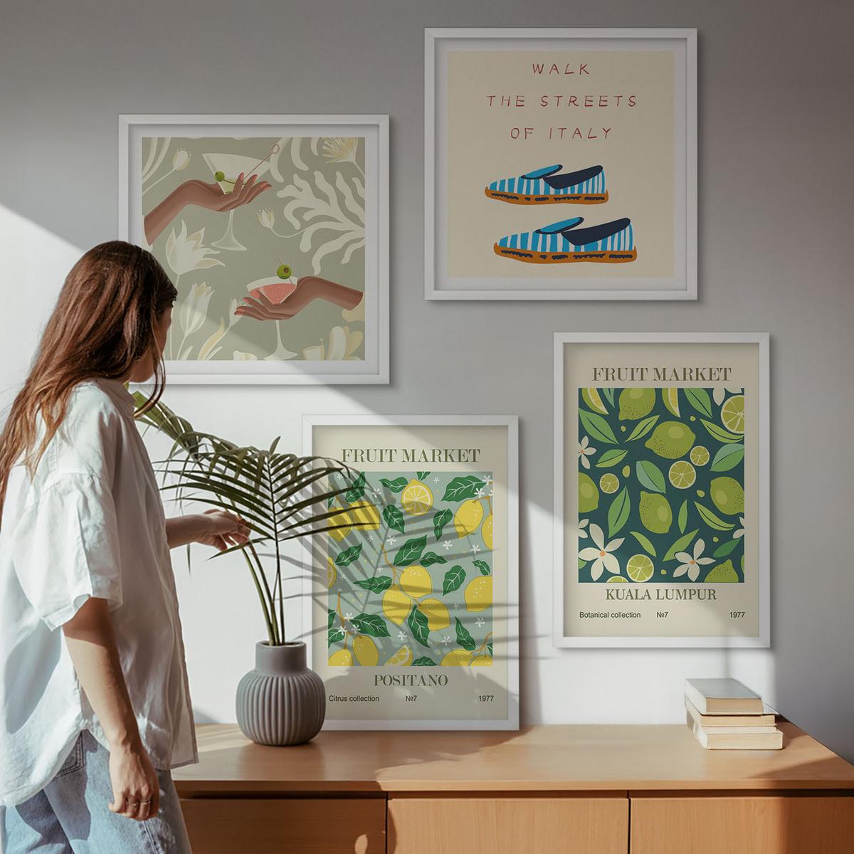 BILDER SET 4er Set - 50x50 cm & 40x60 cm Weißer Rahmen - Italienische Poster mit Fruchtmotiven - Weiß, Kunststoff (50/50cm) - TULUP