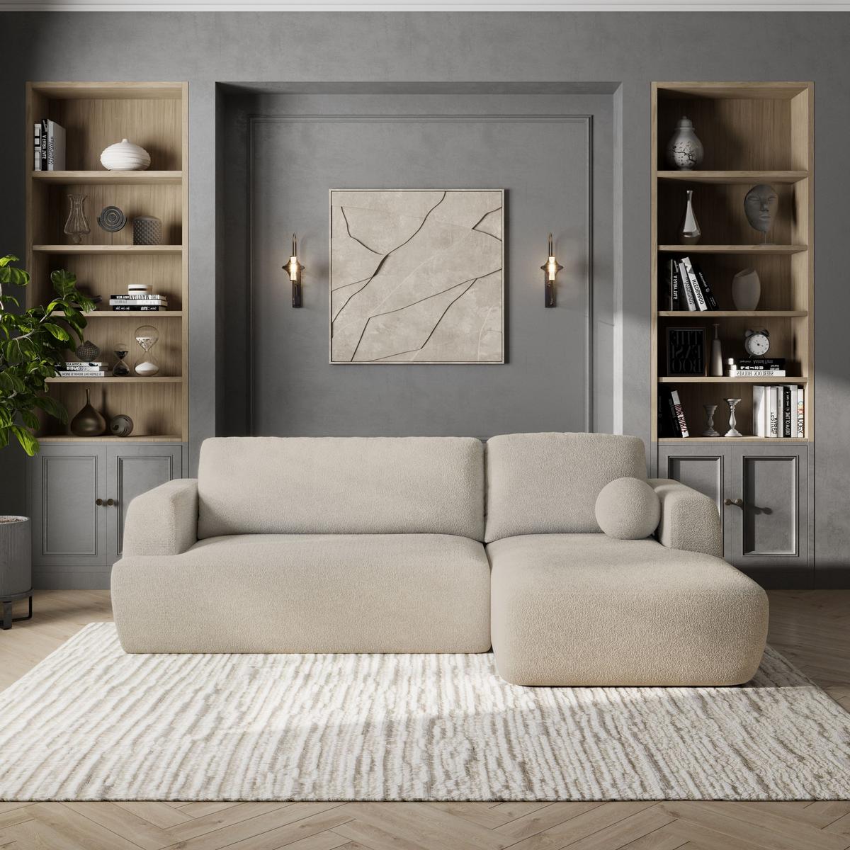 ECKSOFA SENTI N R-S Creme Boucle-Stoff mit Schlaffunktion - Creme/Schwarz, Holz/Kunststoff (246/148cm) - MASSENO