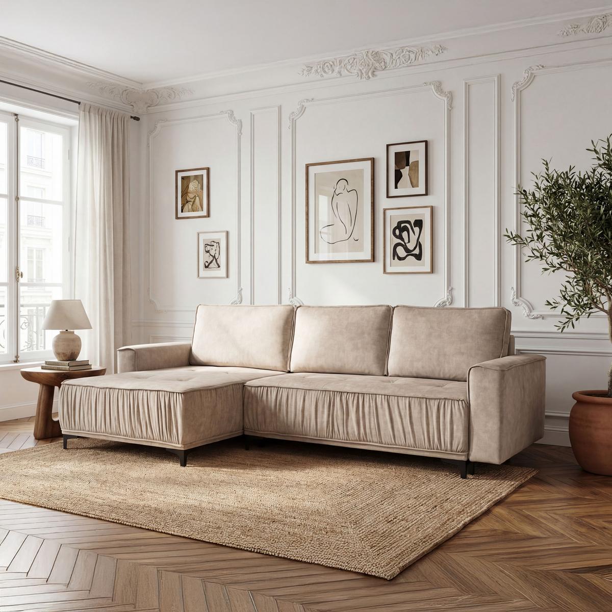 ECKSOFA Velora mit Schlaffunktion & Stauraum, Universell Rechts/Links, Beige Samt 270/92/150 cm - Ecru/Schwarz, Textil/Metall (270/150cm) - WFL GROUP