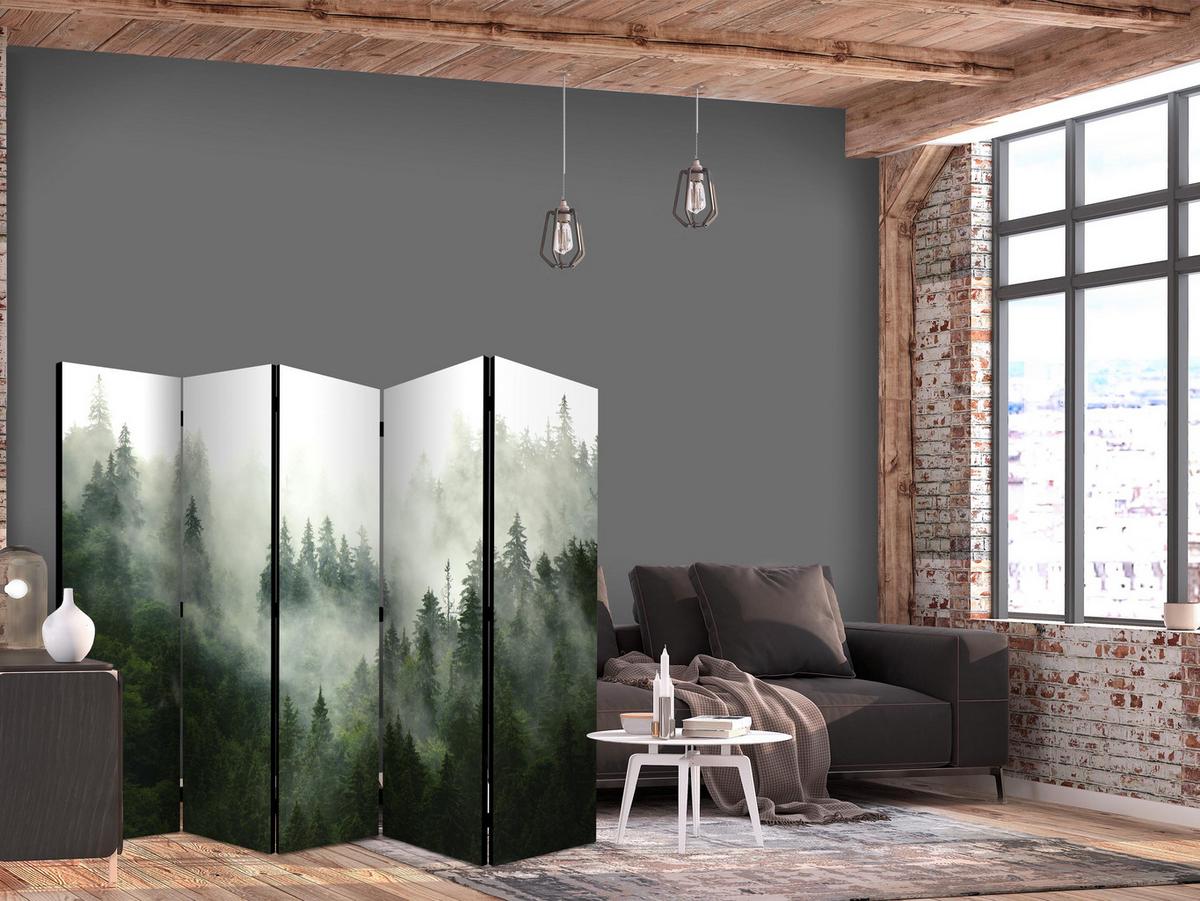 PARAVENT Einseitig Bedruckter 5-tlg 225x172 cm Wald Im Nebel Landschaft 3D - Grün, Holz/Textil (225/172/3cm) - Muralo