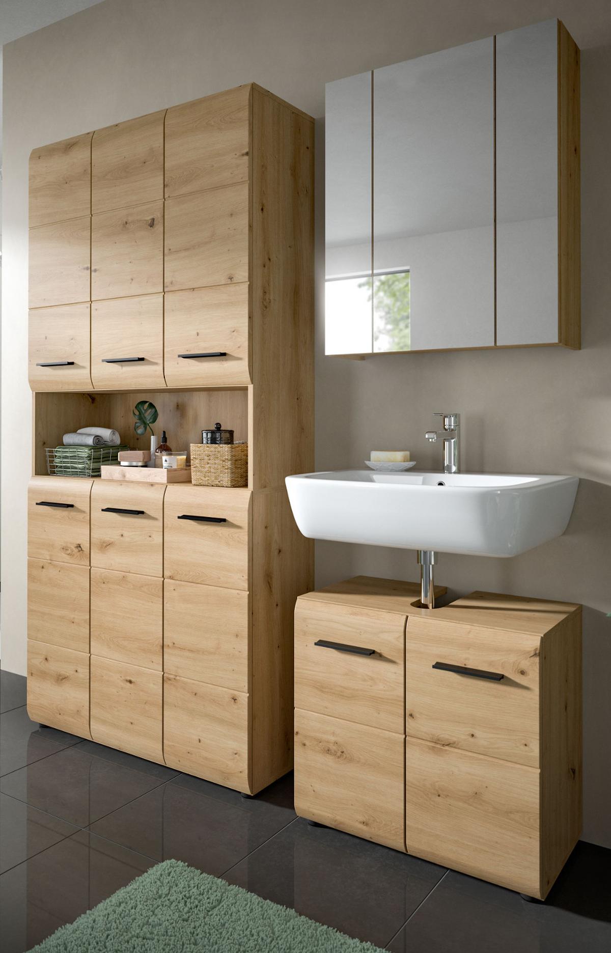 BADMÖBEL-SET in Artisan Eiche, Badezimmer 3-teilig 165 cm mit 6-türigem Hochschrank - Eichefarben/Schwarz, Glas/Holzwerkstoff (165/185/30cm) - Inn.Furn