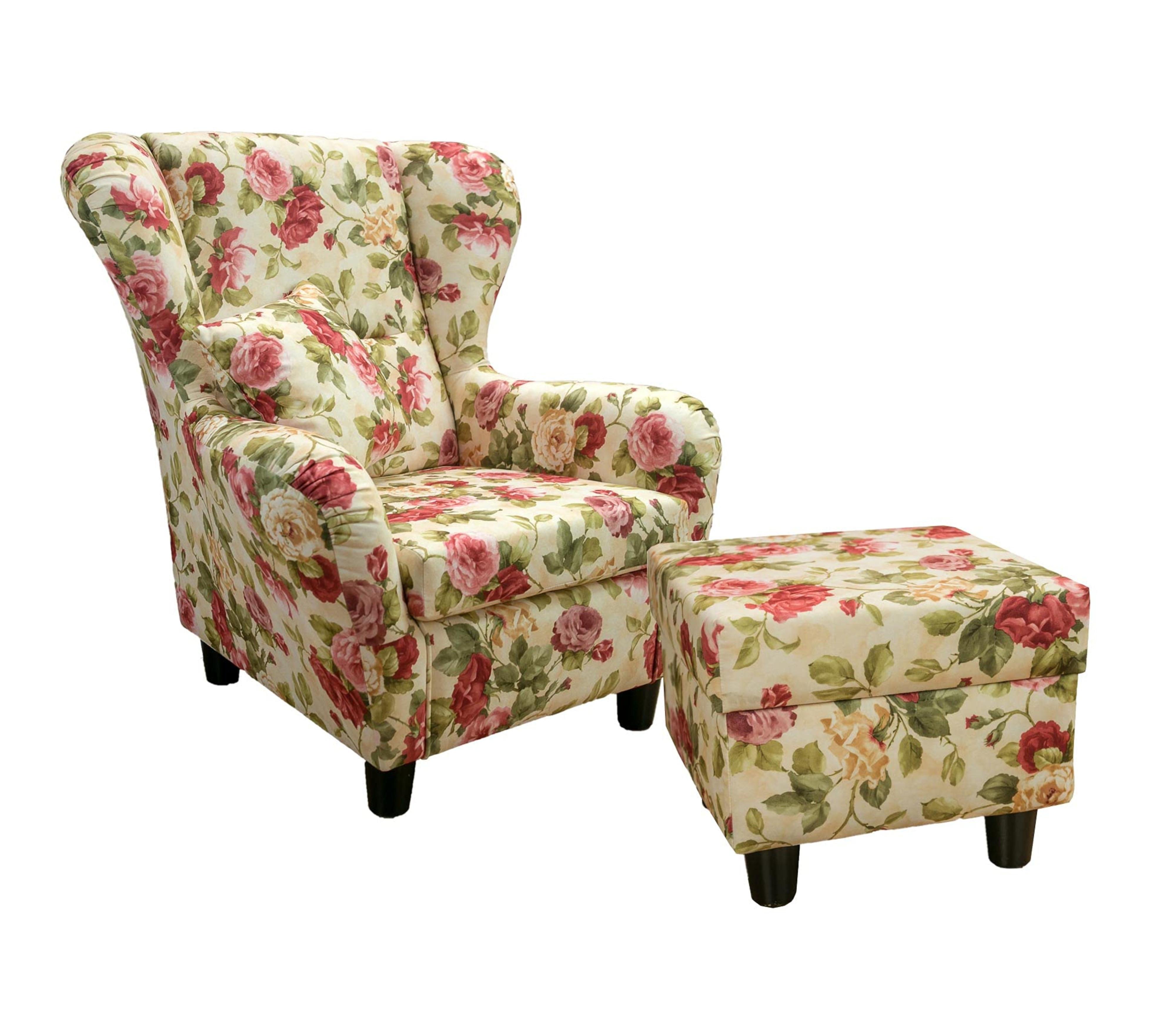 OHRENSESSEL mit HOCKER, hoher Sitzkomfort durch Wellenunterfederung B90/H98/T76 cm, Webstoff Blumenmuster bunt / 18004 - Multicolor/Schwarz, Holz/Textil (90/98/76cm) - luma-home