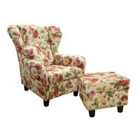 OHRENSESSEL mit HOCKER, hoher Sitzkomfort durch Wellenunterfederung B90/H98/T76 cm, Webstoff Blumenmuster bunt / 18004 - Multicolor/Schwarz, Holz/Textil (90/98/76cm) - luma-home