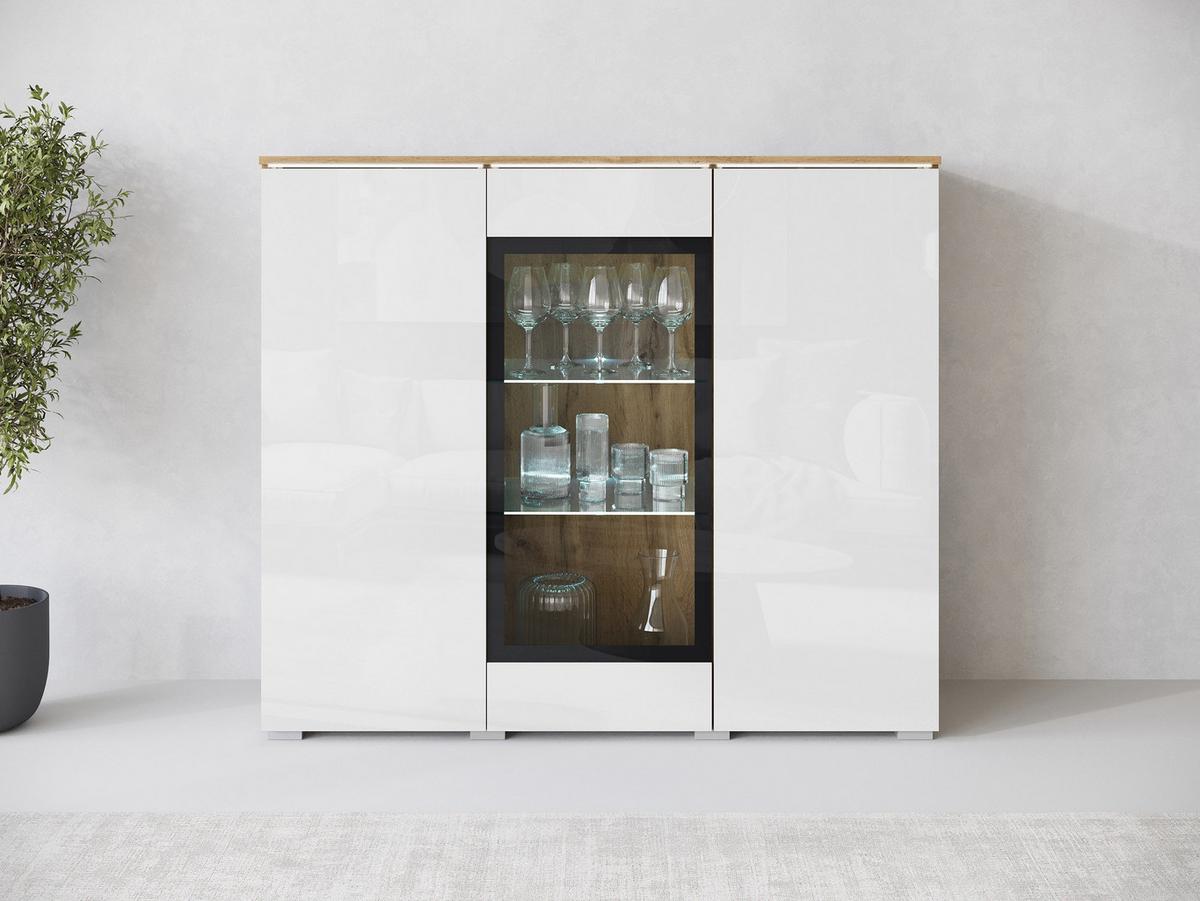 KOMMODE Vera 120 mit weißer LED Beleuchtung - Weiß Hochglanz/Eiche Wotan, Holzwerkstoff/Kunststoff (120/104/40cm) - MIRJAN24