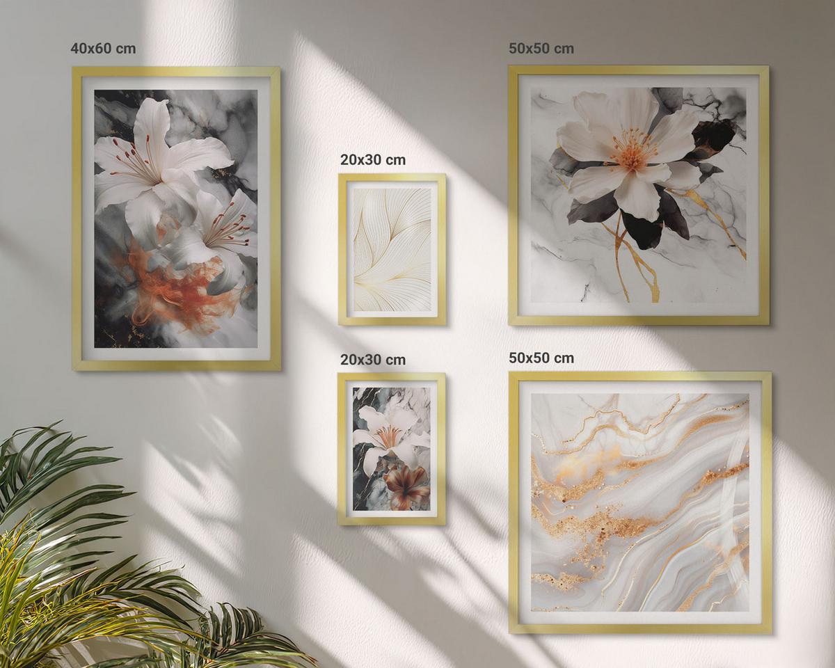 BILDER SET 5er Set - 50x50 cm & 20x30 cm & 40x60 cm Goldrahmen - Blumen Marmor weiß schwarz - Goldfarben, Kunststoff (40/60cm) - TULUP
