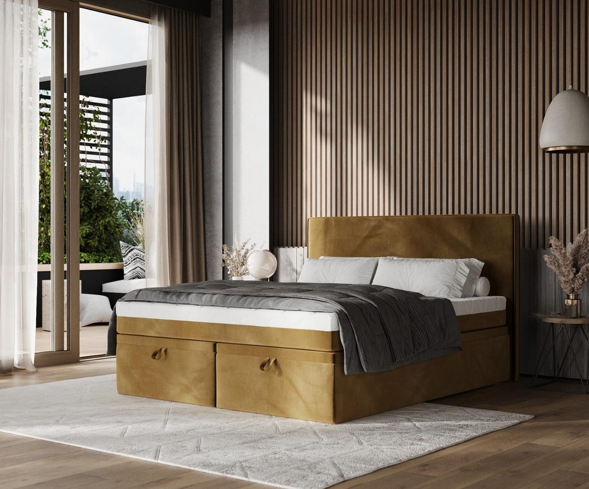 BOXBETT Zalla 200/200 cm Honiggelb im Kronos Stoff - Schwarz/Honig, Holz/Holzwerkstoff (200/200cm) - AltaBeds
