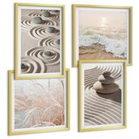 BILDER SET 4er Set - 50x50 cm & 40x60 cm Goldrahmen - Wellen, Sand, Wasser, Steine, Strand - Goldfarben, Kunststoff (50/50cm) - TULUP