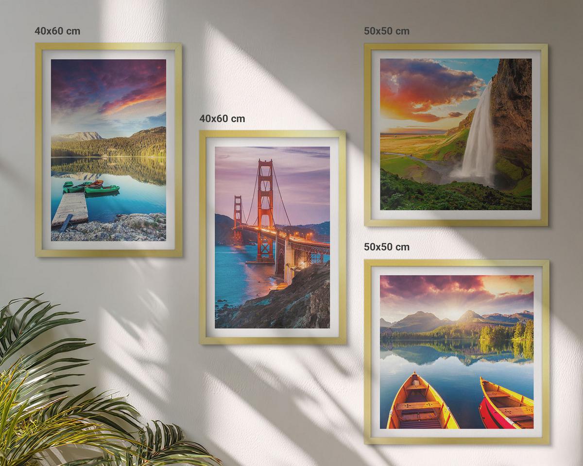 BILDER SET 4er Set - 50x50 cm & 40x60 cm Goldrahmen - Bergseen, Boote, Brücken - Goldfarben, Kunststoff (50/50cm) - TULUP
