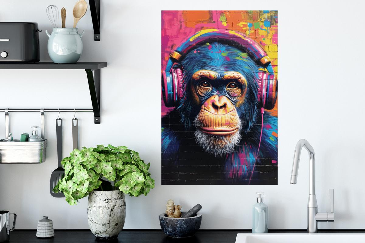 WANDTATTOO Graffiti - Schimpanse - Straßenkunst - Kopfhörer - Affe Wandbild 40x60 cm - Blau, Kunststoff (40/60/0.1cm) - MuchoWow