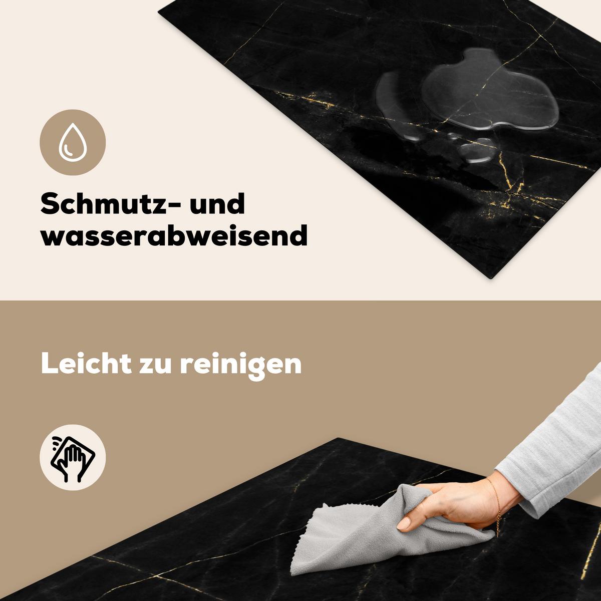 HERDABDECKPLATTE Marmor - Schwarz - Gold - Chic - Marmoroptik - Design Induktionsschutz 91.6x52.7 cm - Schwarz, Kunststoff (91.6/52.7/0.2cm) - MuchoWow