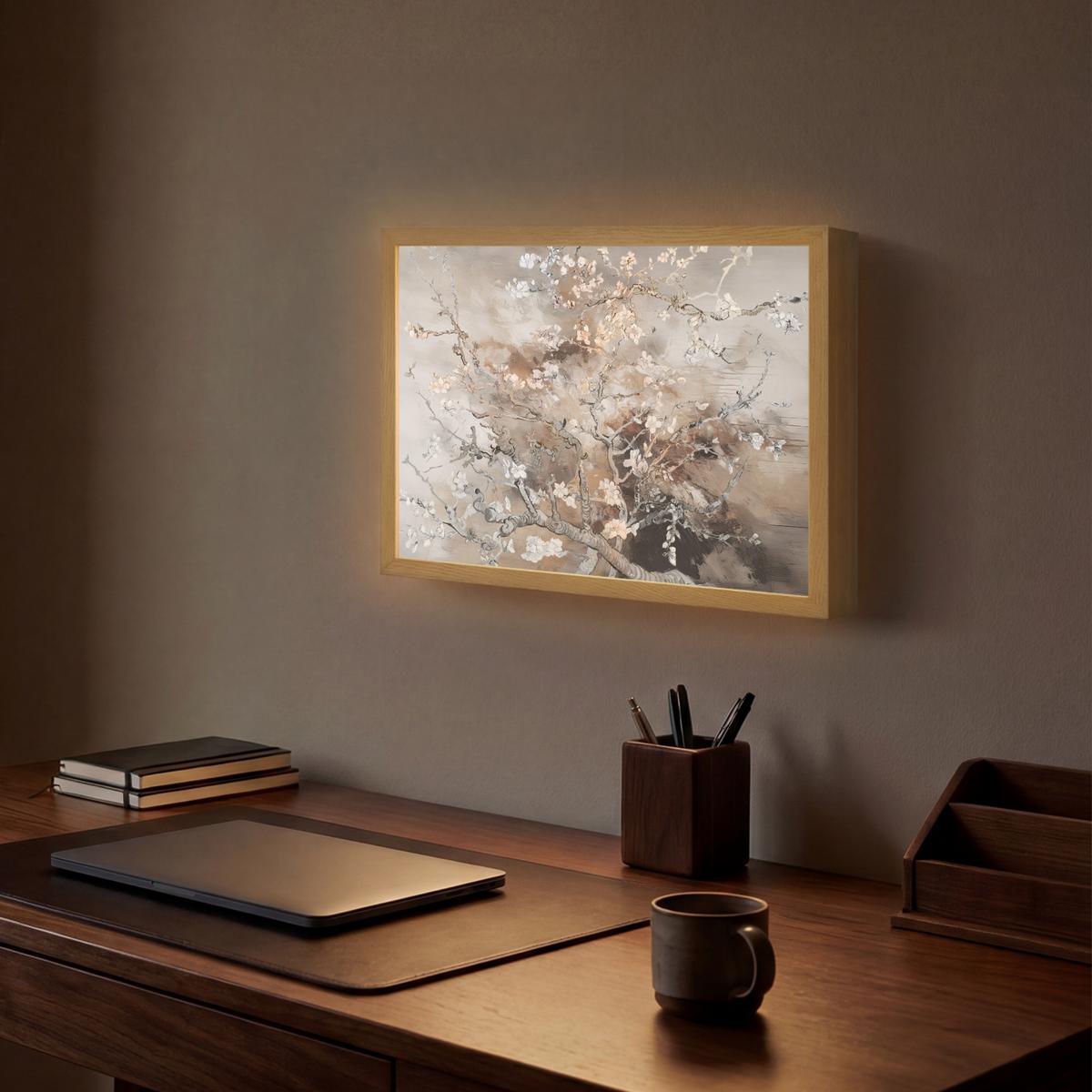 WANDLEUCHTE MIT AKKU Mandelblüte - Kunst - Van Gogh - Beige - Abstrakt 40x30 cm - Graubraun, Holzwerkstoff (40/30/8cm) - OnlyWow