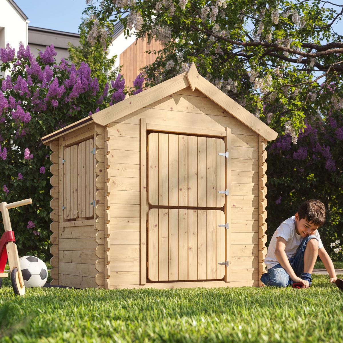 KINDERSPIELHAUS aus Holz - B112xL146xH143 cm/1.1m2 - M516-1 - Beige, Holz (146/143/112cm) - Timbela