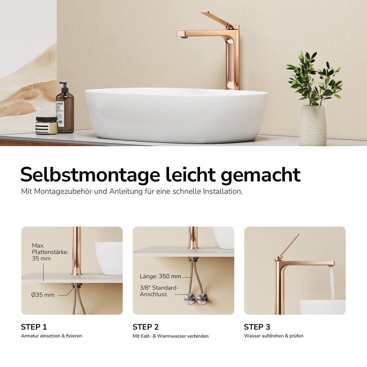 WASCHTISCHARMATUR mit Zertifiziertem Filterelement Rosengold Hoher Stil - Roségold, Metall (23.3/4.6/33.5cm) - EMKE