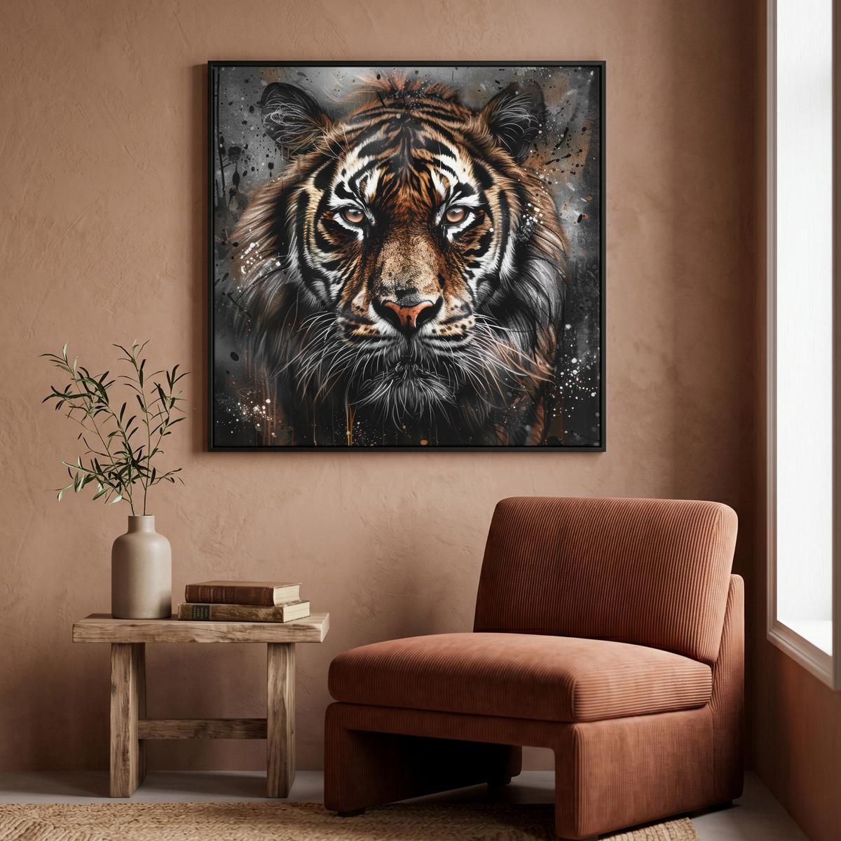 LEINWAND Bilder mit Rahmen - Tiger - Tiere - Porträt - Luxus - Schwarz - 90x90 - Braun, Textil (90/90cm) - MuchoWow