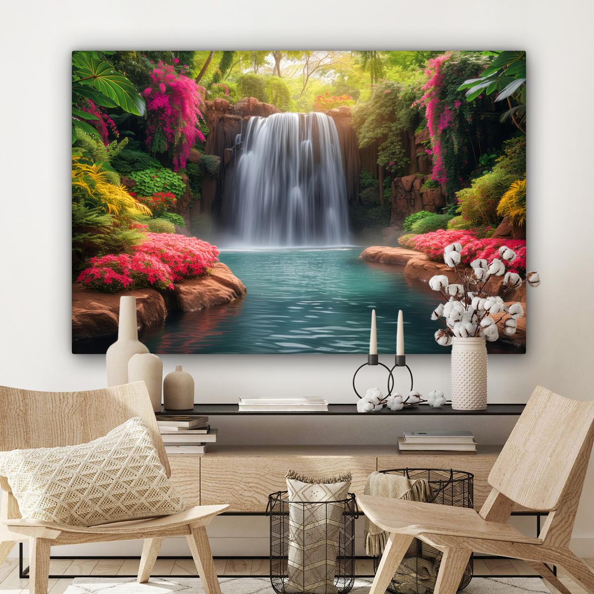 LEINWANDBILD Wasserfall - Natur - Pflanzen - Dschungel - Wasser XXL 150x100 cm - Grün, Textil (150/100cm) - MuchoWow